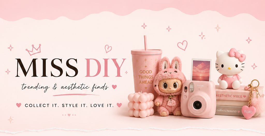 A pink and white promotional banner for 'MISS DIY' collectible store, featuring cute pink plush toys, a Hello Kitty figure, a teddy bear in a pink box, and various payment logos at the bottom.